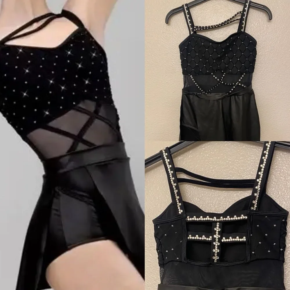 Weissman dance costume Black faux leather rhinestone The Last Goodbye 15582 MC